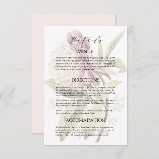 Tarjeta De Recepción Detalles del Boda Romántico de Peony (Anverso / Reverso)