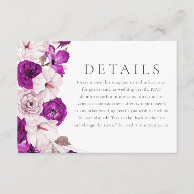 Tarjeta De Recepción Detalles del Boda Romántico de Pluma y Acuarela Ru (Anverso)