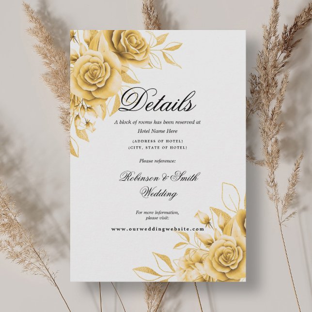 Tarjeta De Recepción Detalles del Boda Romántico Floral Gold (Romantic Floral Gold Wedding Details Enclosure Card)