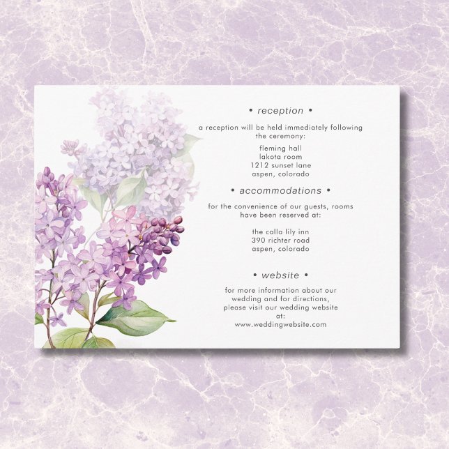 Tarjeta De Recepción Detalles del Boda Romántico Morado Lilacs (Modern Romantic Purple Sage Lilacs Wedding Details Enclosure Card)