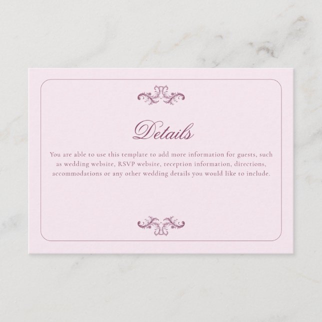 Tarjeta De Recepción Detalles del Boda rosa clásico (Anverso)