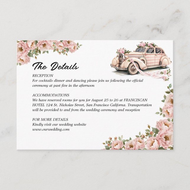 Tarjeta De Recepción Detalles del Boda rosa Coquette Floral Rubor (Anverso)