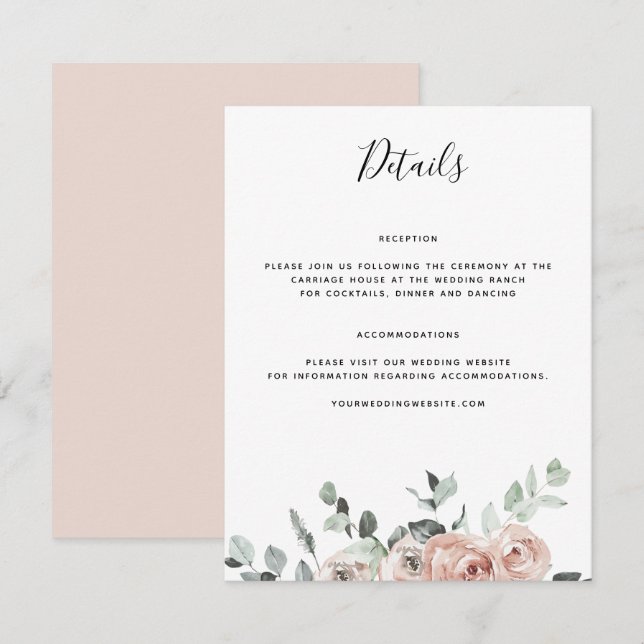 Tarjeta De Recepción Detalles del Boda Rosa Dusty (Anverso / Reverso)