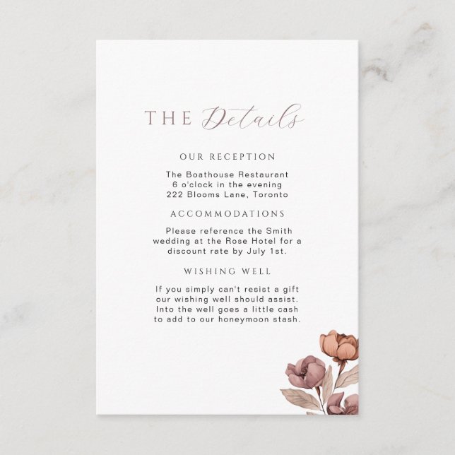 Tarjeta De Recepción Detalles del Boda Rosa Mauve Dusty Mauve Mínimo In (Anverso)