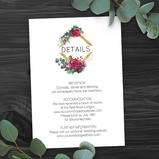 Tarjeta De Recepción Detalles del Boda Rosa Rojo y Eucaluptus (Romantic floral wedding details card from my Red Rose and Eucalyptus Wedding Collection)