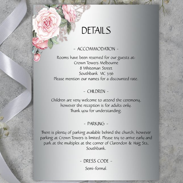 Tarjeta De Recepción Detalles del Boda rosa rosado y plateado (Subido por el creador)