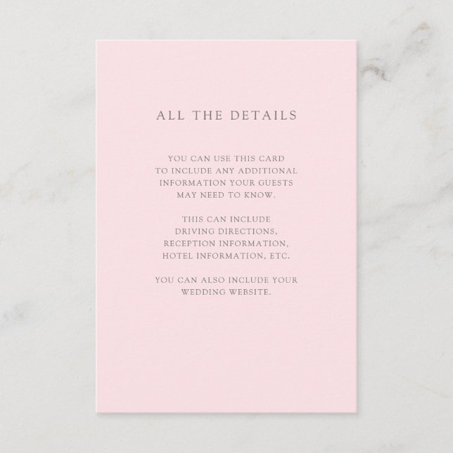 Tarjeta De Recepción Detalles del Boda rosa simple Rubor elegante (Anverso)