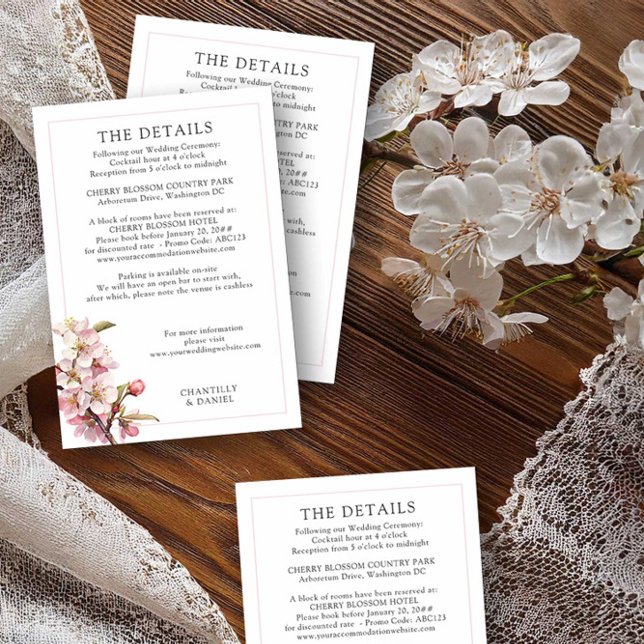 Tarjeta De Recepción Detalles del Boda rosa y blanco con flores de cere (Wedding Details insert card from the Cherry Blossom Wedding Collection by Darling & May)