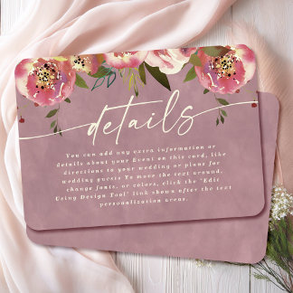 Tarjeta De Recepción Detalles del Boda rosado de Ophelia Cottagecore Du