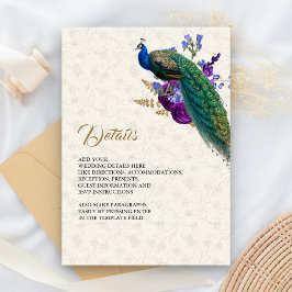 Tarjeta De Recepción Detalles del Boda Royal Blue Purple Floral Peacock