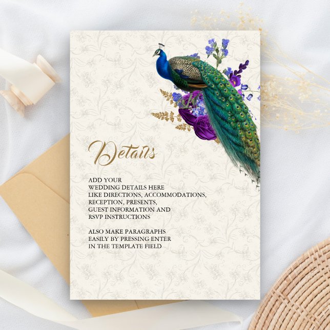 Tarjeta De Recepción Detalles del Boda Royal Blue Purple Floral Peacock (Subido por el creador)