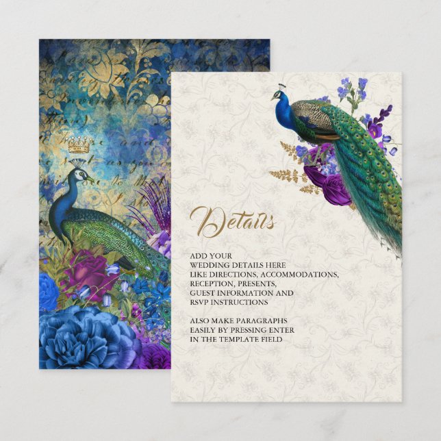 Tarjeta De Recepción Detalles del Boda Royal Blue Purple Floral Peacock (Anverso / Reverso)