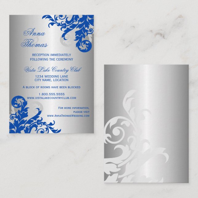 Tarjeta De Recepción Detalles del Boda Royal Blue Silver Flourier (Anverso / Reverso)