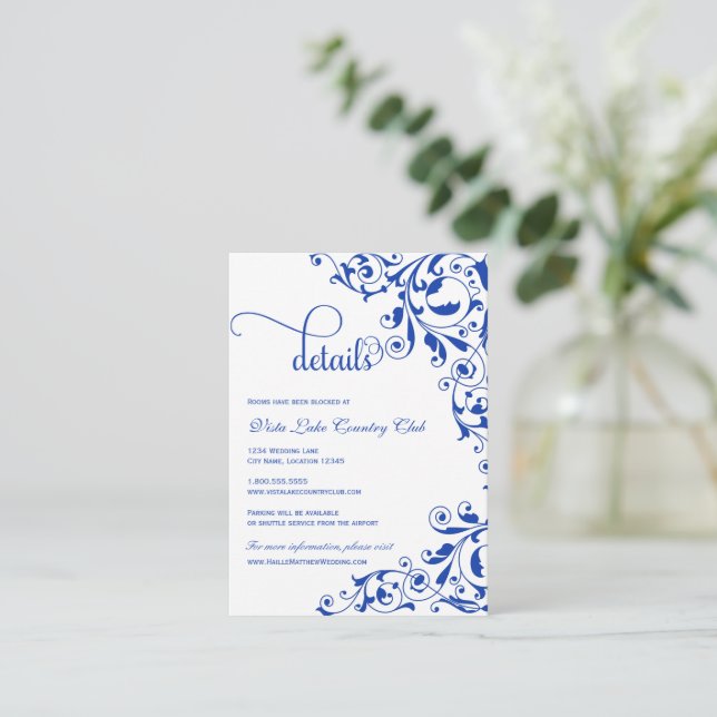Tarjeta De Recepción Detalles del Boda Royal Blue Swirls (Anverso de pie)