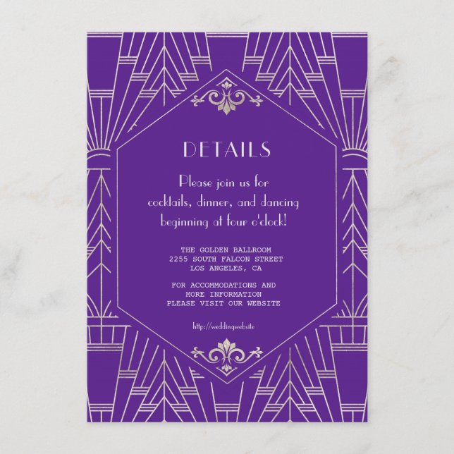 Tarjeta De Recepción Detalles del Boda Royal Purple Silver Great Gatsby (Anverso)