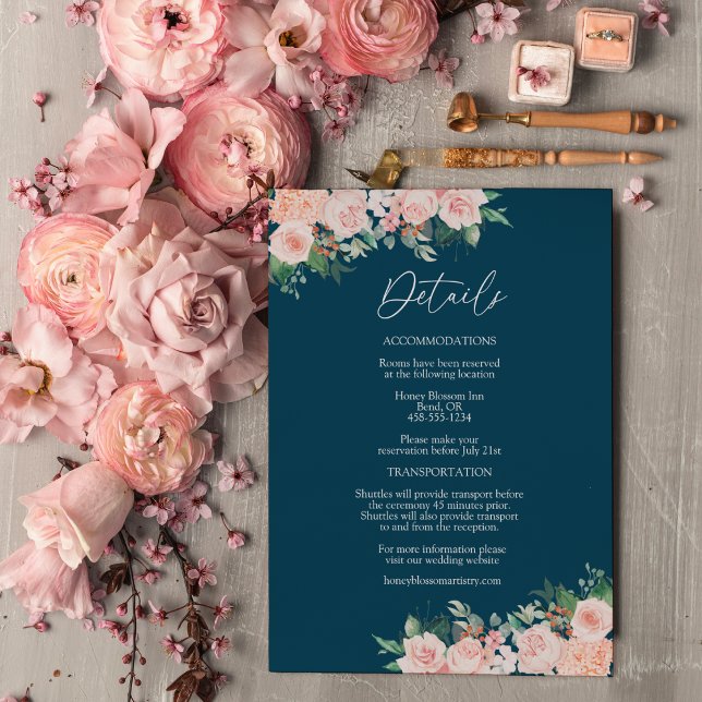 Tarjeta De Recepción Detalles del Boda Rubor Floral Simple Naval (Subido por el creador)