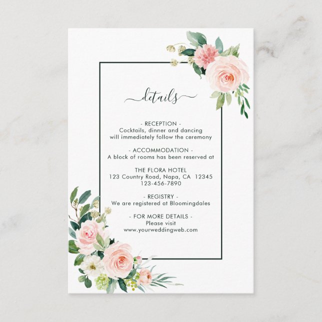 Tarjeta De Recepción Detalles del Boda Rubor Pink Bloom (Anverso)