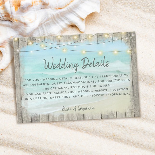 Tarjeta De Recepción Detalles del Boda Rustic Beach Wood String Lights (Subido por el creador)