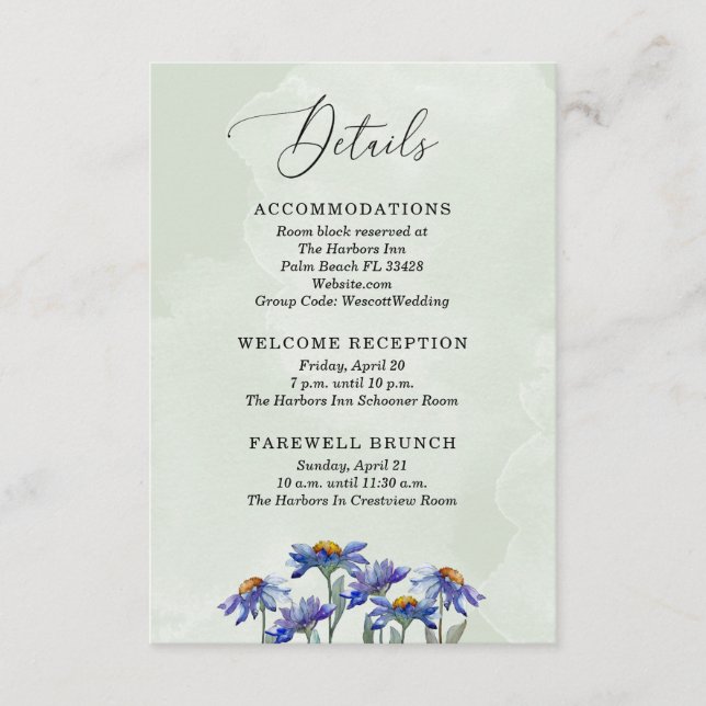 Tarjeta De Recepción Detalles del Boda Rustic Sage Green & Purple Daisi (Anverso)