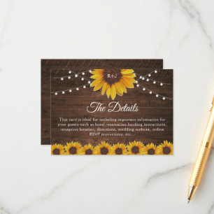 Tarjeta De Recepción Detalles del Boda Rustic Sunflower String Lights