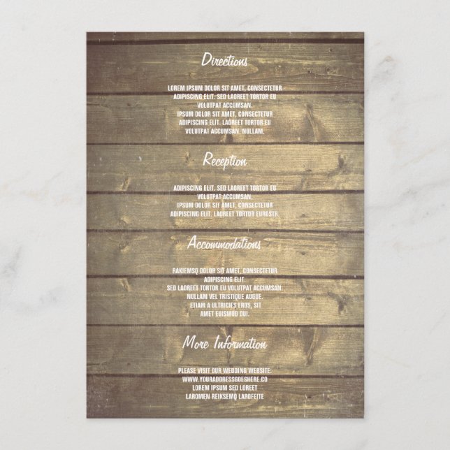 Tarjeta De Recepción Detalles del Boda Rustic Wood - Información (Anverso)
