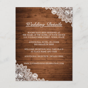 Tarjeta De Recepción Detalles del Boda Rustic Wood & White Lace