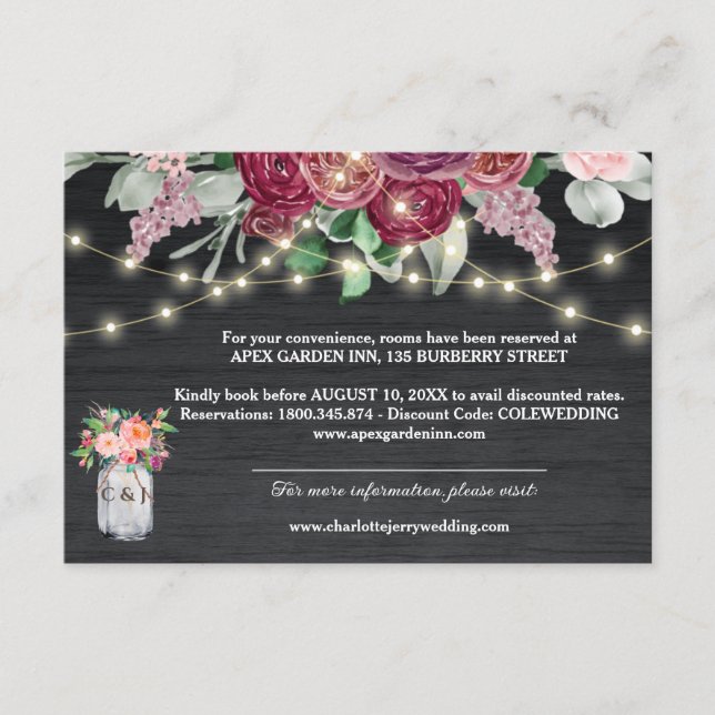 Tarjeta De Recepción Detalles del Boda Rústico Burgundy Mason Jar Light (Anverso)