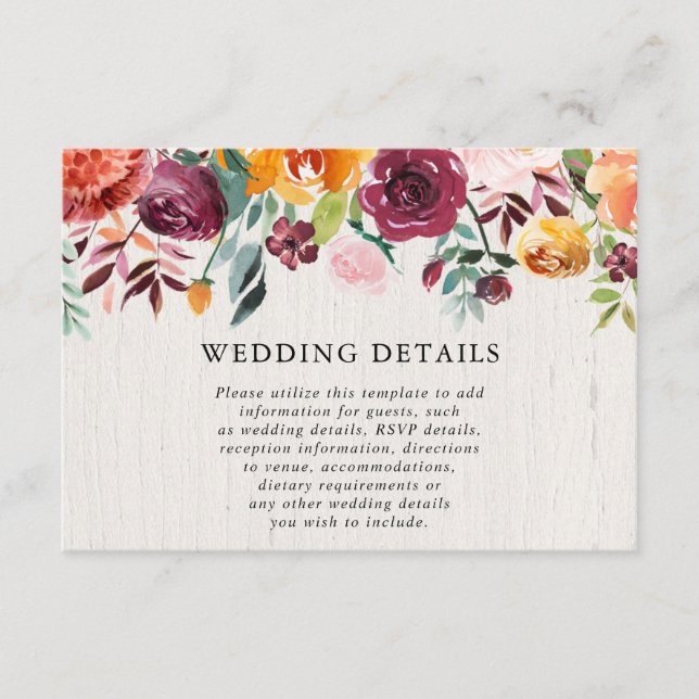 Tarjeta De Recepción Detalles del boda rústico de acuarela floral (Anverso)