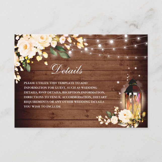 Tarjeta De Recepción Detalles del Boda Rústico de la Linterna de Madera (Anverso)