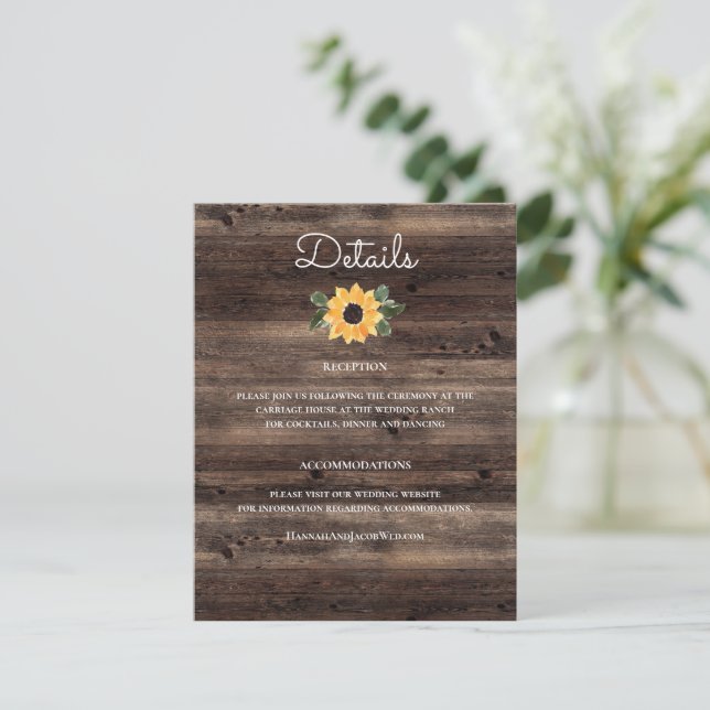Tarjeta De Recepción Detalles del Boda Rústico de la Madera del Sol (Anverso de pie)