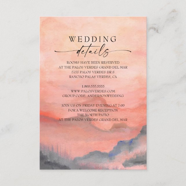 Tarjeta De Recepción Detalles del Boda Rústico del atardecer de la mont (Anverso)