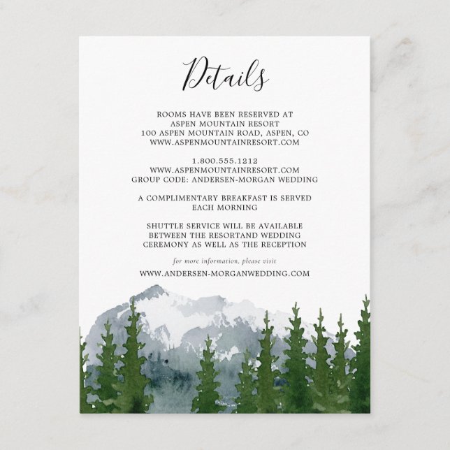 Tarjeta De Recepción Detalles del Boda Rústico del Pino de Acuarela de  (Anverso)