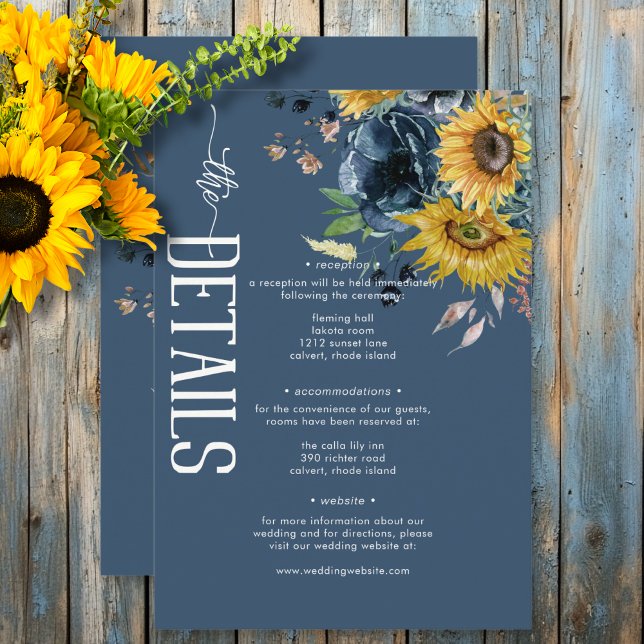 Tarjeta De Recepción Detalles del Boda Rústico Dusty Blue Sunflowers (Rustic Dusty Blue Sunflowers Wedding Details Enclosure Card)