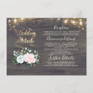 Tarjeta De Recepción Detalles del Boda Rústico Floral Azul Rosa Dusty
