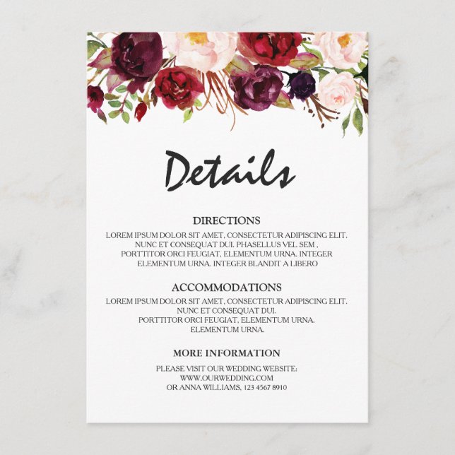 Tarjeta De Recepción Detalles del Boda Rústico Floral Rojo Borgoña (Anverso)