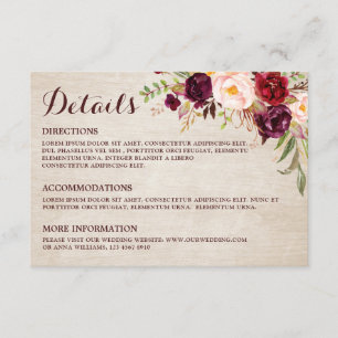 Tarjeta De Recepción Detalles del Boda Rústico Floral Rojo Borgoña