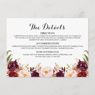 Tarjeta De Recepción Detalles del Boda Rústico Floral Rojo Borgoña