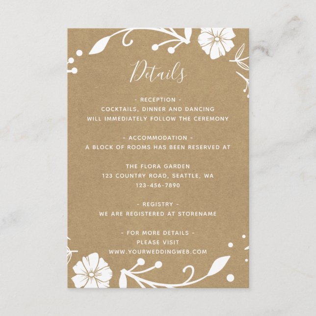 Tarjeta De Recepción Detalles del Boda Rústico Floral Wreath Faux Kraft (Anverso)