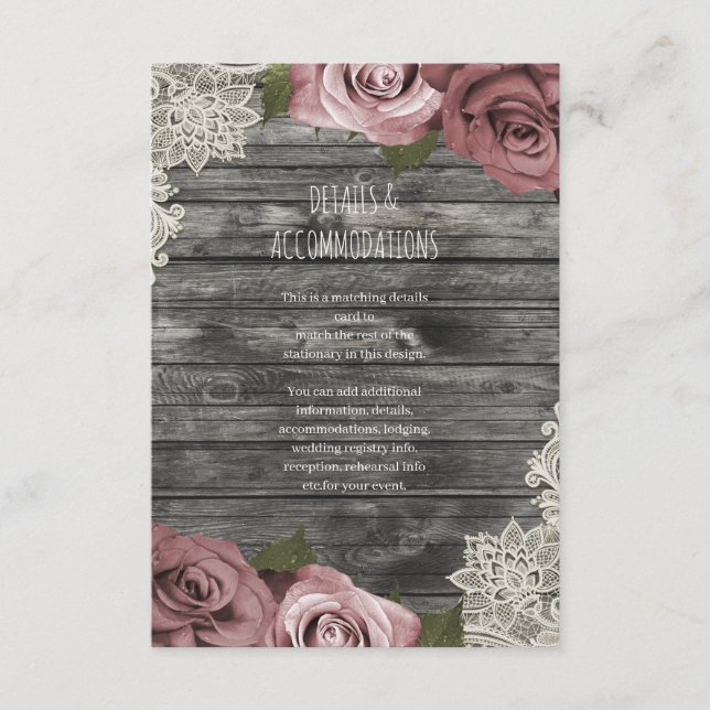 Tarjeta De Recepción Detalles del Boda Rústico Gris de rosas polvorient (Anverso)