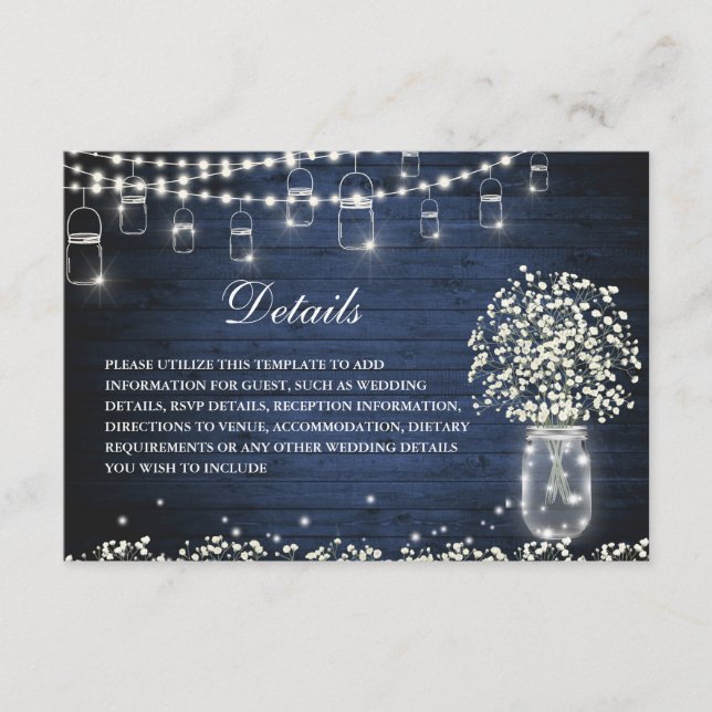 Tarjeta De Recepción Detalles del Boda Rústico Mason Jar Breath del beb (Anverso)