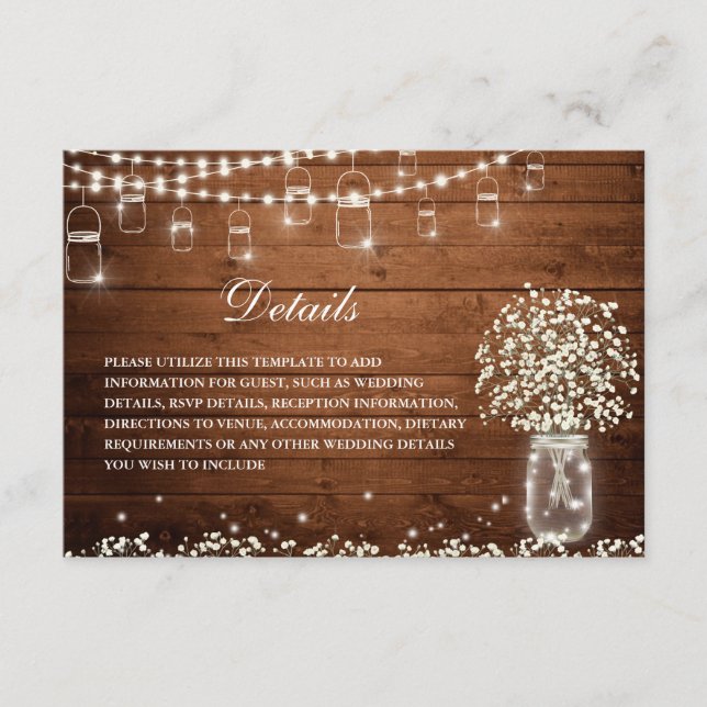 Tarjeta De Recepción Detalles del Boda Rústico Mason Jar Breath del beb (Anverso)