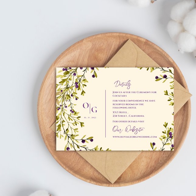 Tarjeta De Recepción Detalles del Boda Rústico Purple Berry Greeneratio (Rustic Purple Berry Greenery Wedding Details Enclosure Card)