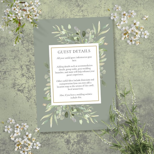 Tarjeta De Recepción Detalles del Boda Sage Greenery Alojamiento (Sage Greenery Wedding Accommodation Guest Details Enclosure Card)
