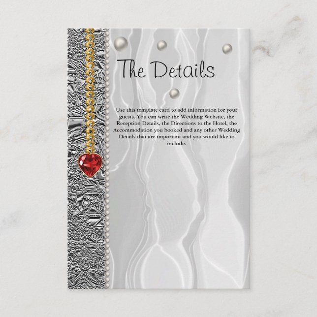 Tarjeta De Recepción Detalles del boda, seda blanca y diamantes y perla (Anverso)