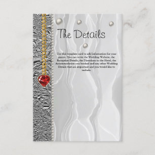 Tarjeta De Recepción Detalles del boda, seda blanca y diamantes y perla