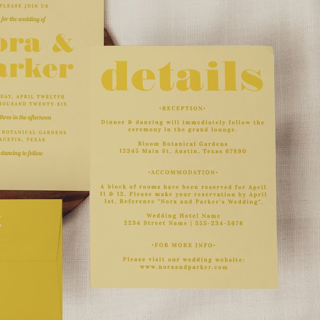 Tarjeta De Recepción Detalles del Boda simple amarillo de mantequilla (Butter Yellow Simple Wedding Details Enclosure Card)