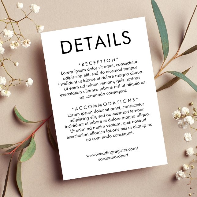 Tarjeta De Recepción Detalles del Boda simple blanco y negro (White & Black Simple Wedding Details Enclosure Card)