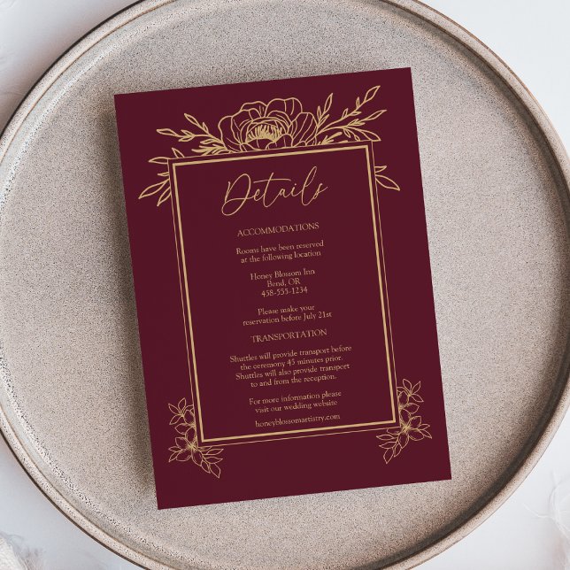 Tarjeta De Recepción Detalles del Boda simple de Burgundy Gold Floral (Subido por el creador)
