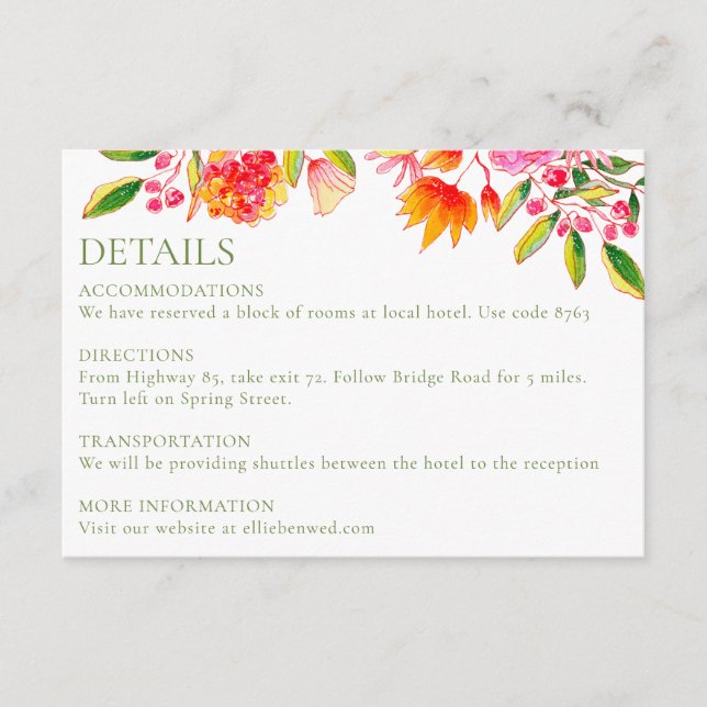 Tarjeta De Recepción Detalles del Boda simple de floral verde Naranja r (Anverso)