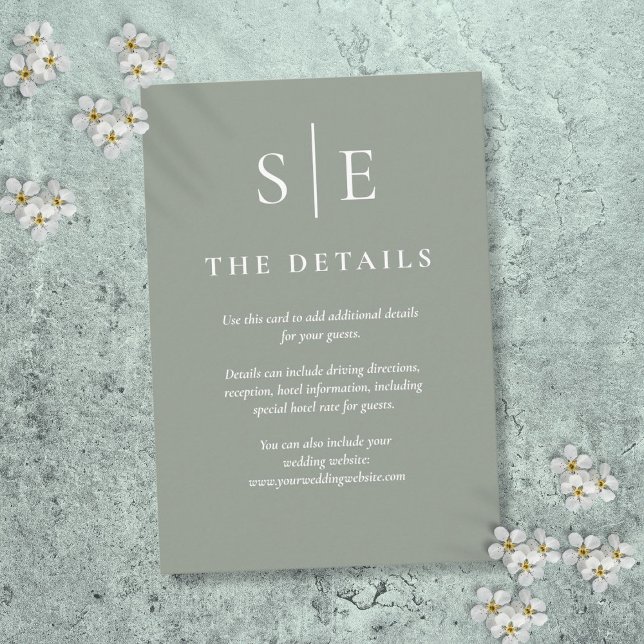 Tarjeta De Recepción Detalles del Boda simple del monograma verde sabio (Sage Green Monogram Simple Wedding Details Enclosure Card)
